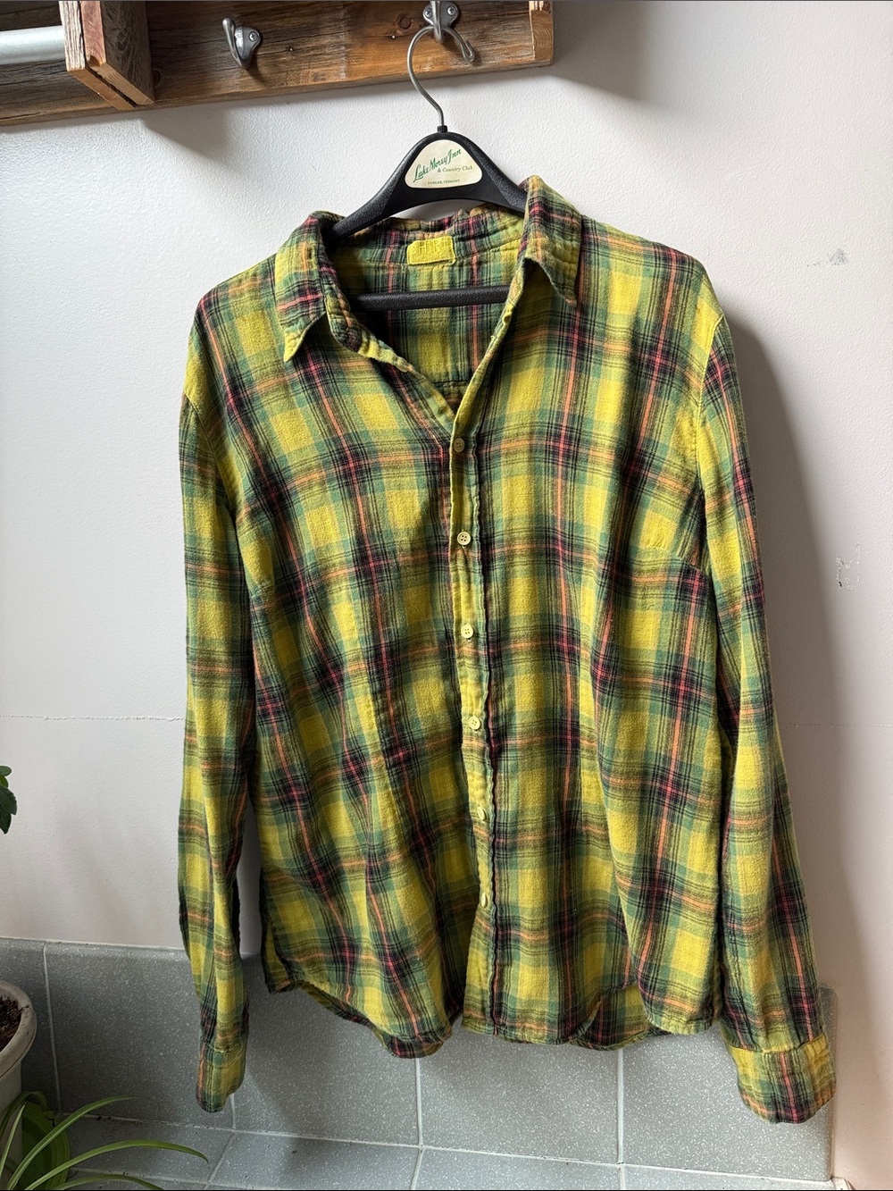 CP Shades Women’XL Hand Dyed Plaid Flannel Shirt Chartreuse Cotton Made in USA
